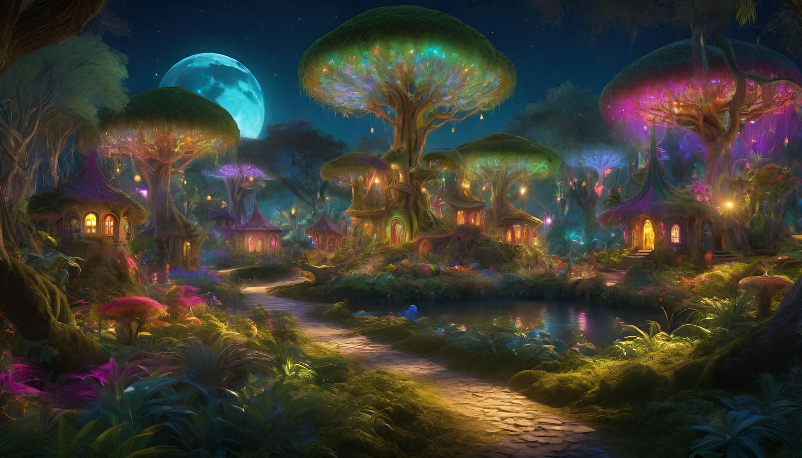 Enchanted Elven Village in Psychedelic Forest
