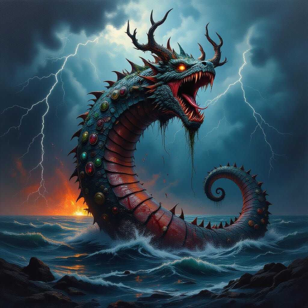 Colossal Leviathan Rises From Blood Sea in Impasto Oil Paint...