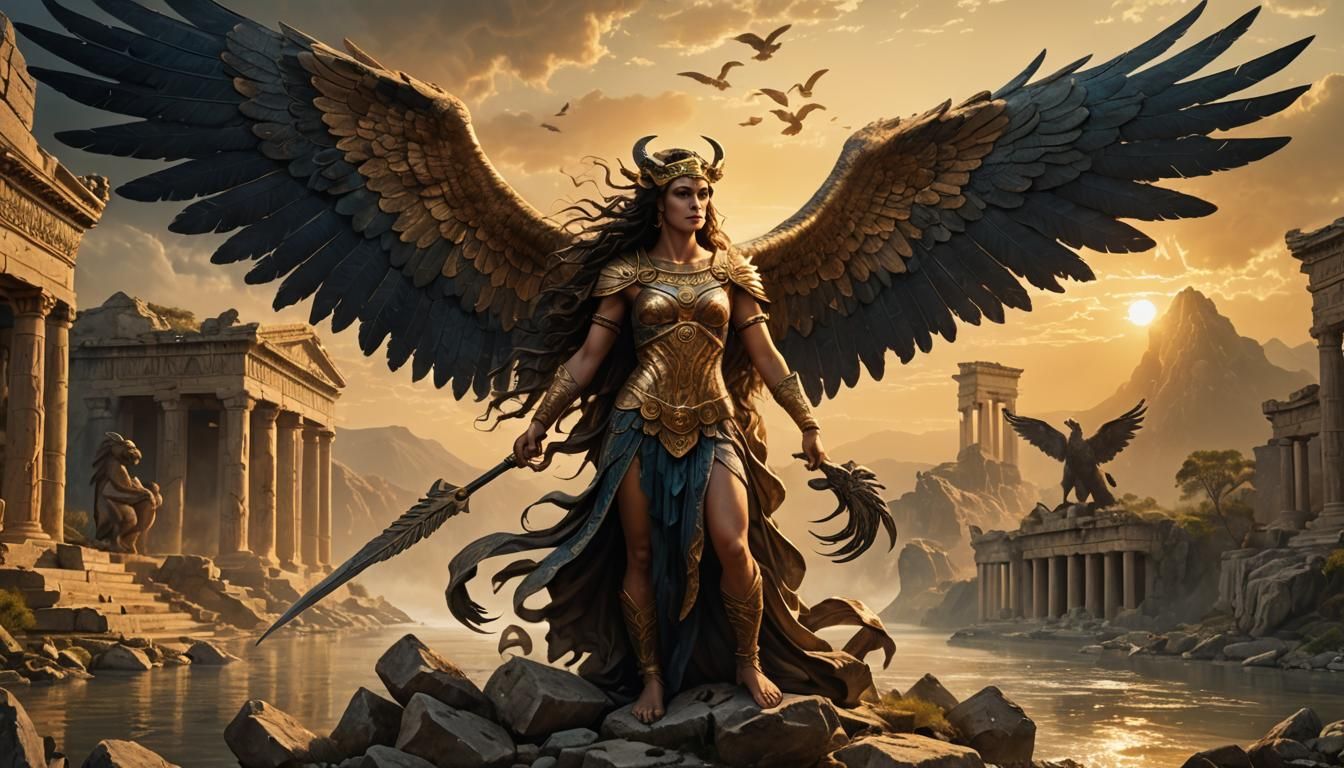 Greek Goddess and Chimera in Mythic Battle