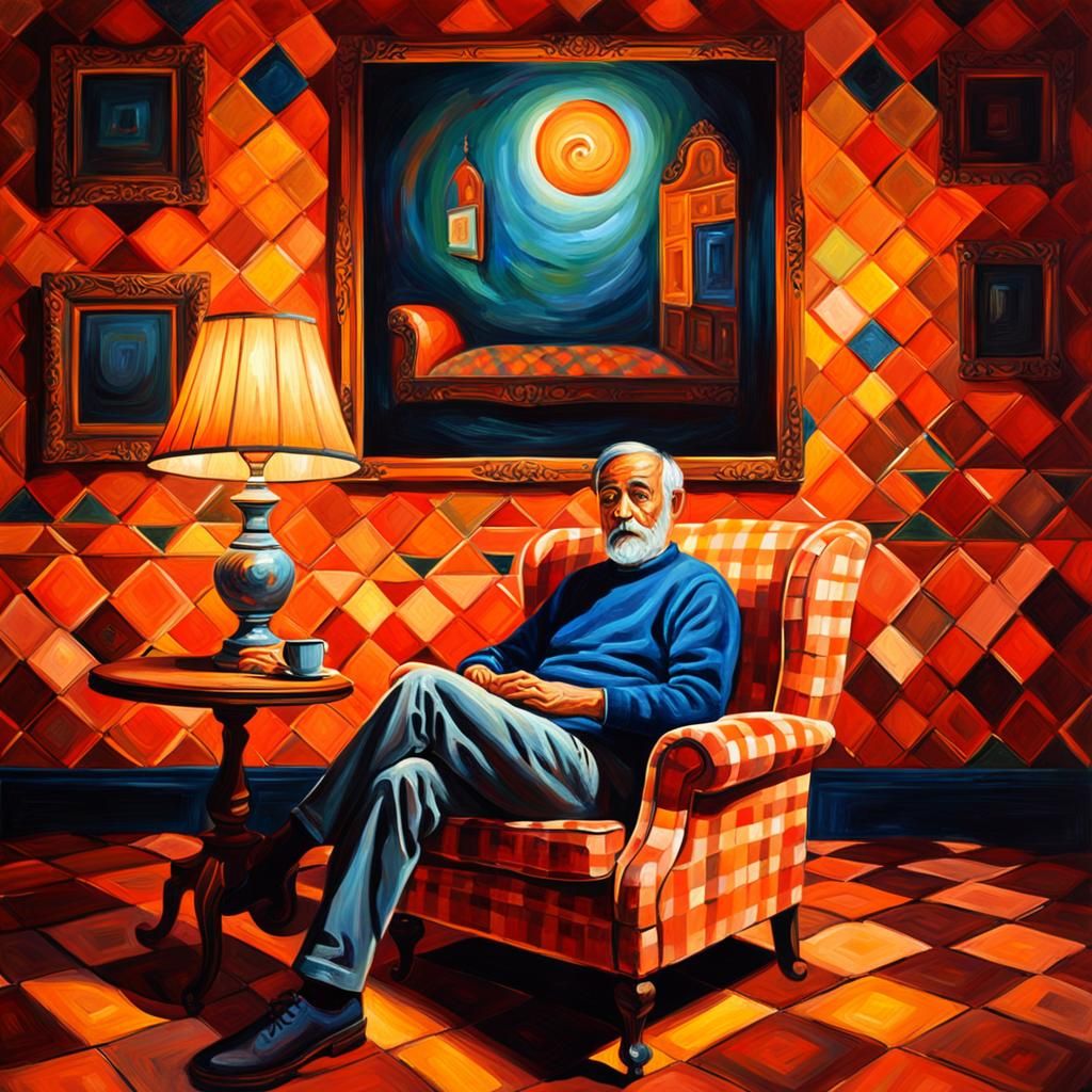 Vibrant Oil Painting: Person in Orange Checkered Room