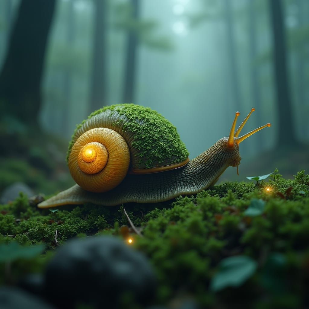 Luminescent Moss Snail in Misty Neon Forest