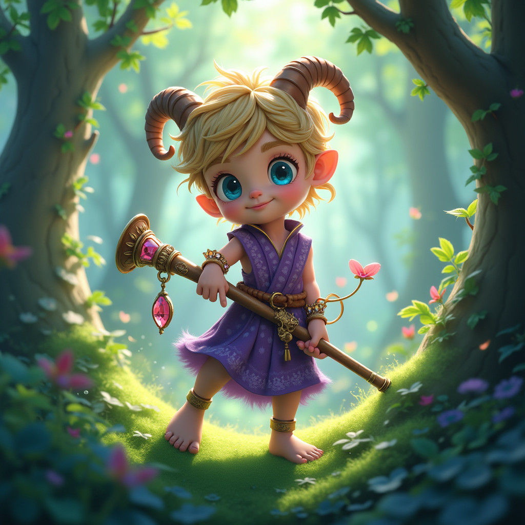 Surreal Satyr Boy in Vibrant Forest - Anime-Inspired Fantasy...