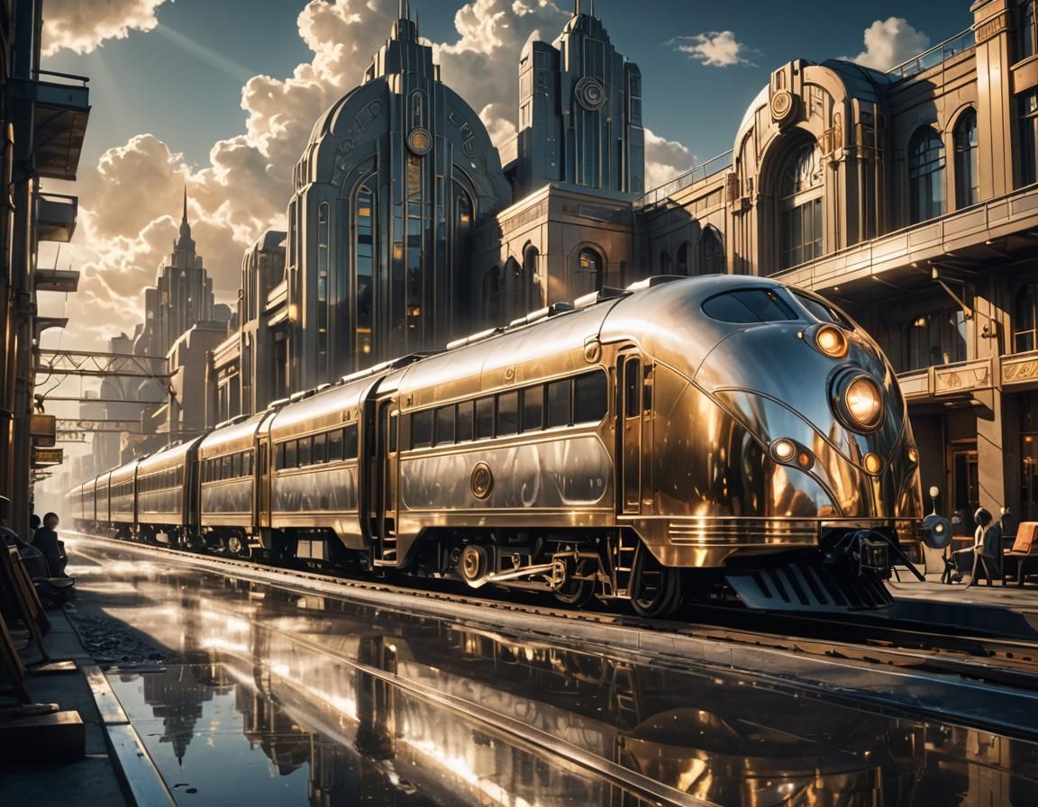 Art Deco Train in Retro-Futuristic Metropolis