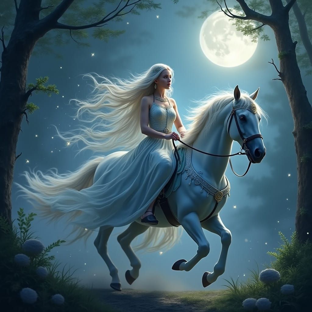 Regal Rhiannon Rides Moonlit Forest in Celestial Splendor
