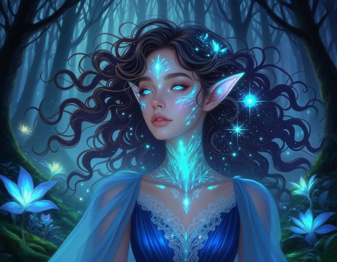 Ethereal Elven Woman in Bioluminescent Forest