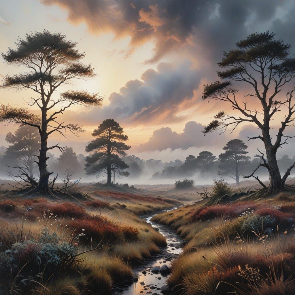 Landscape Watercolor Painting of Evening Mist Over the Moor