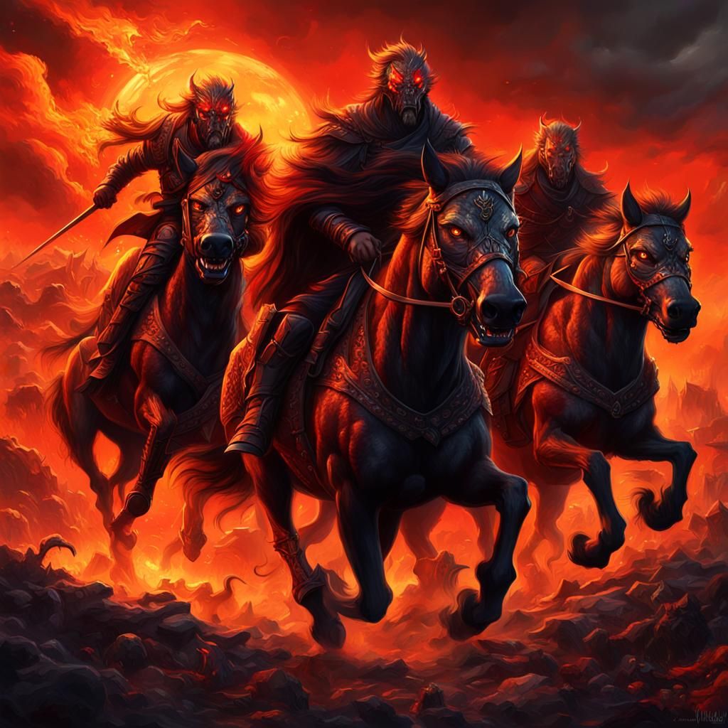 Apocalyptic Horsemen on Wolves in a Matte Painting