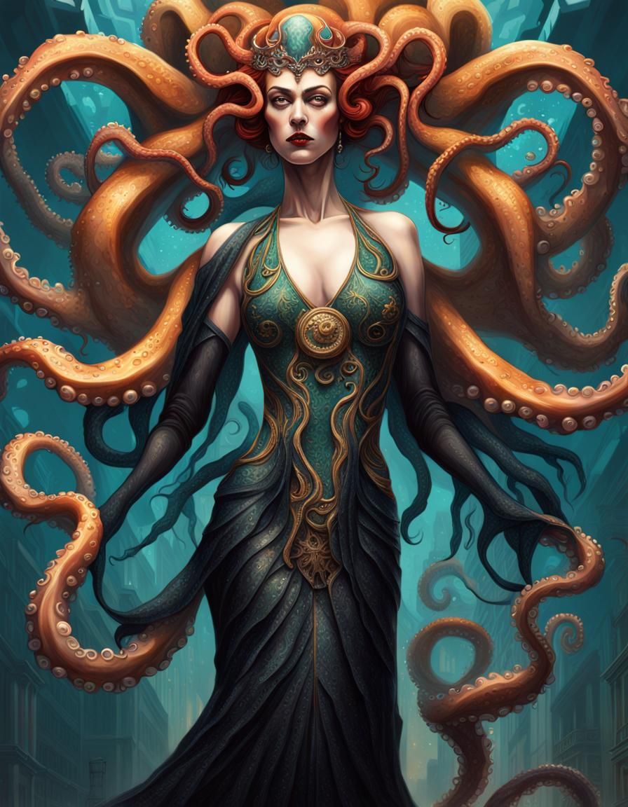 1920s art deco Female, half human, half octopus body, tentacles, humanoid, queen, demon, powerful, evil, beautiful, demo...