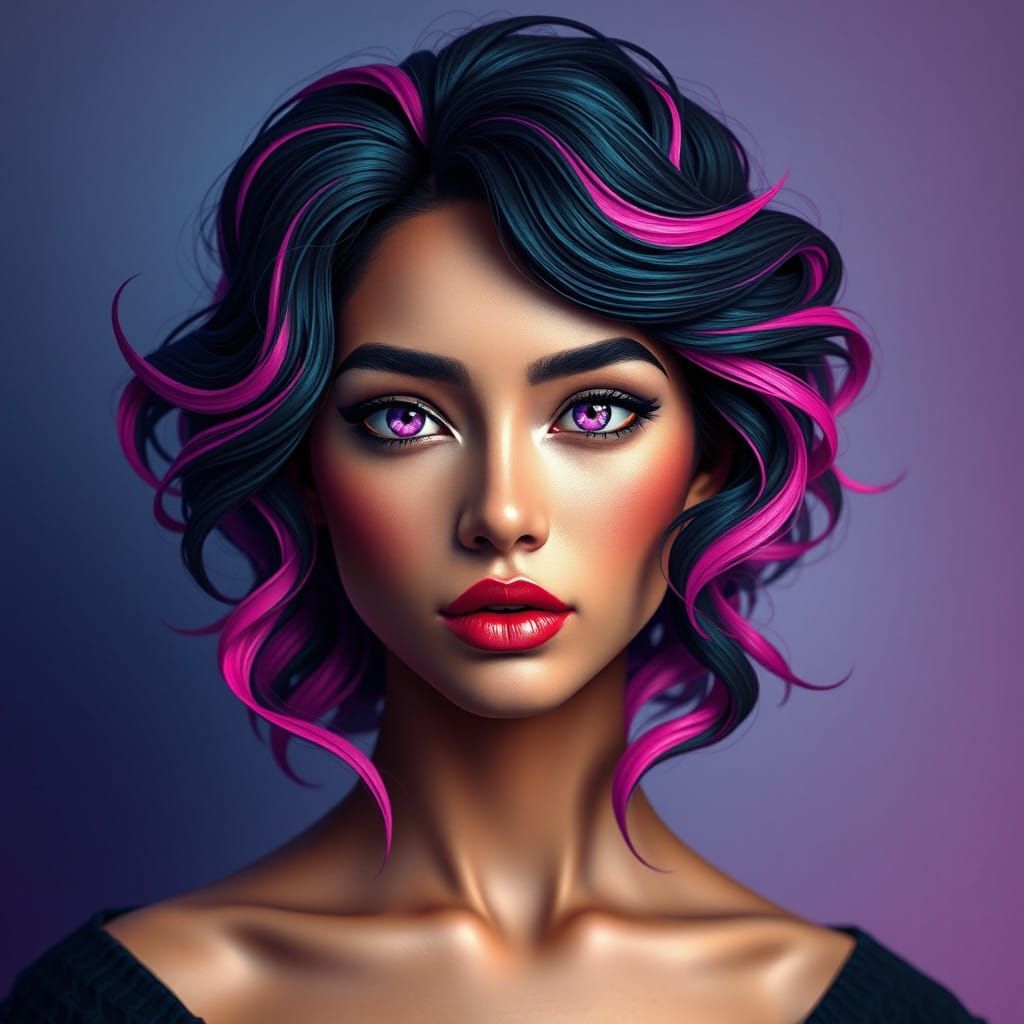 Curvaceous Woman with Pink and Black Hair, Piercing Pink Eye...