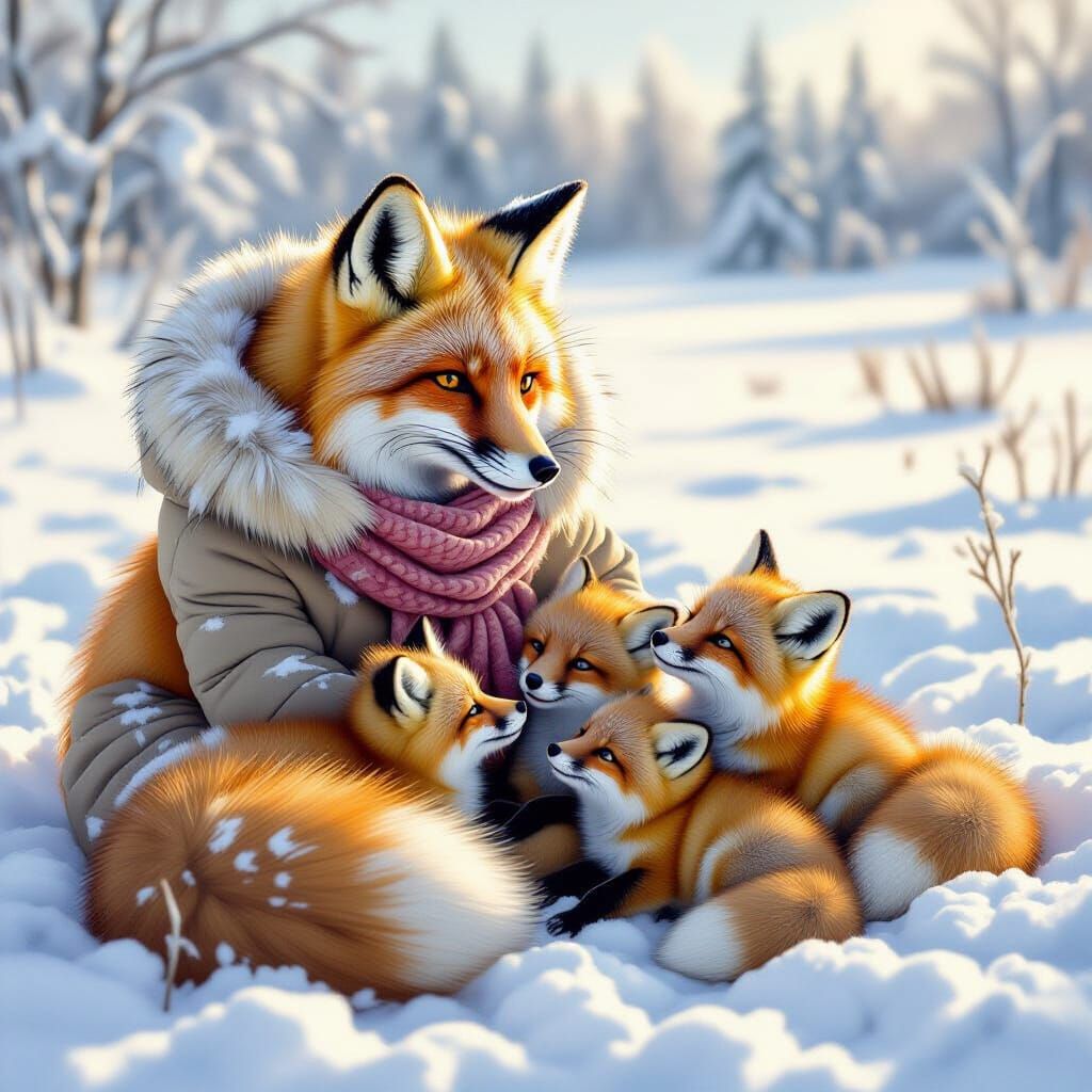 Cozy Winter Fox Family in Snowy Field