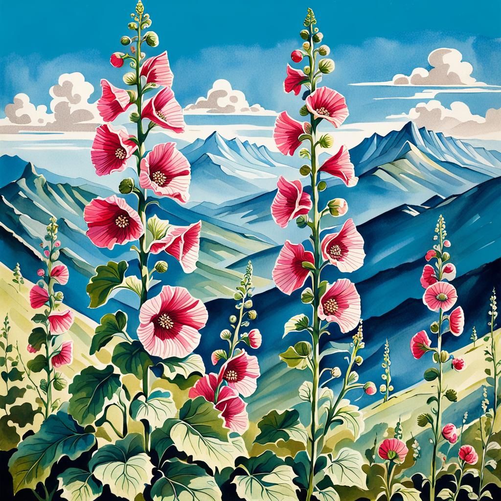 Retro Illustration of Hollyhock Flowers and Mountains