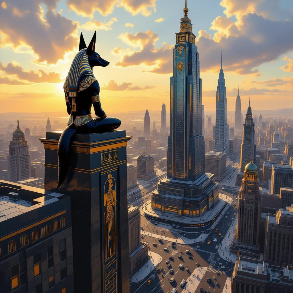 Anubis in Metropolis: Hyperrealistic Oil Painting