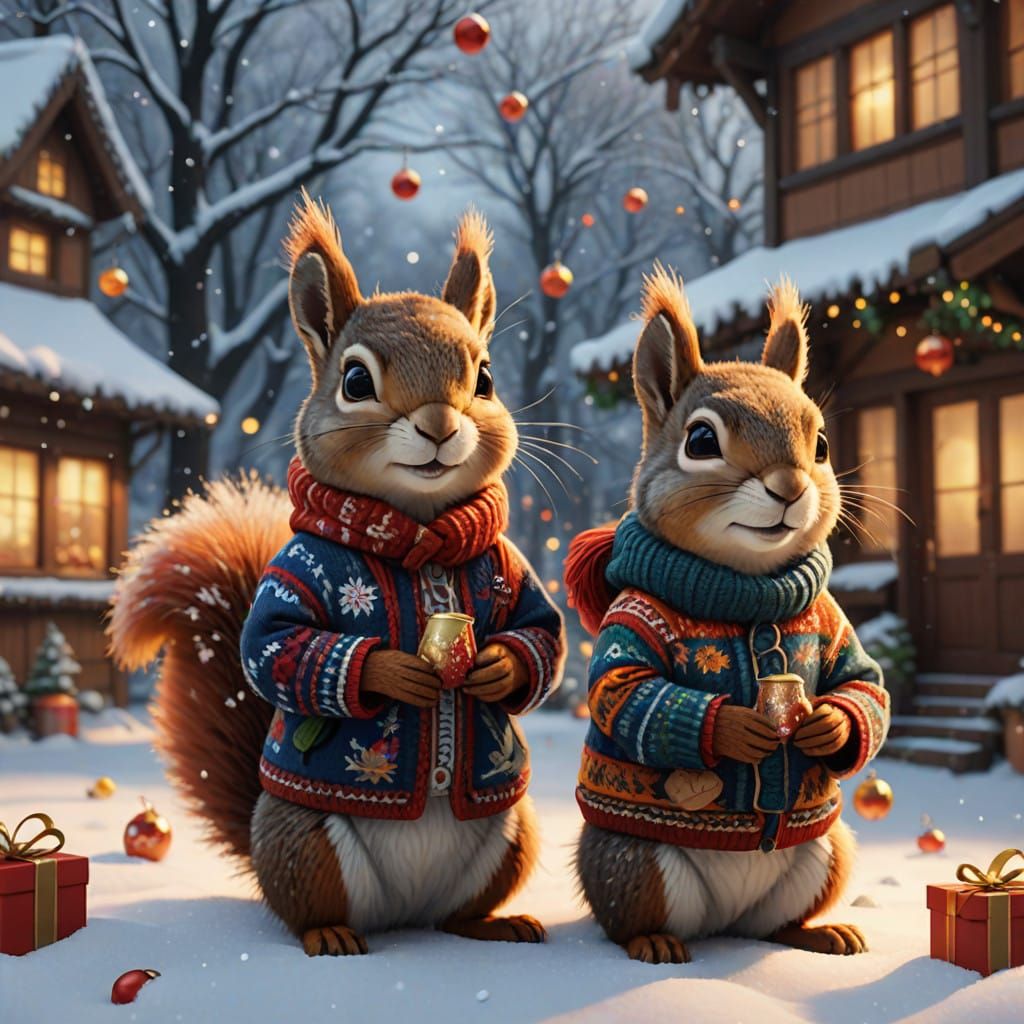 Vibrant Anime-Inspired Winter Wonderland with Animals in Hol...