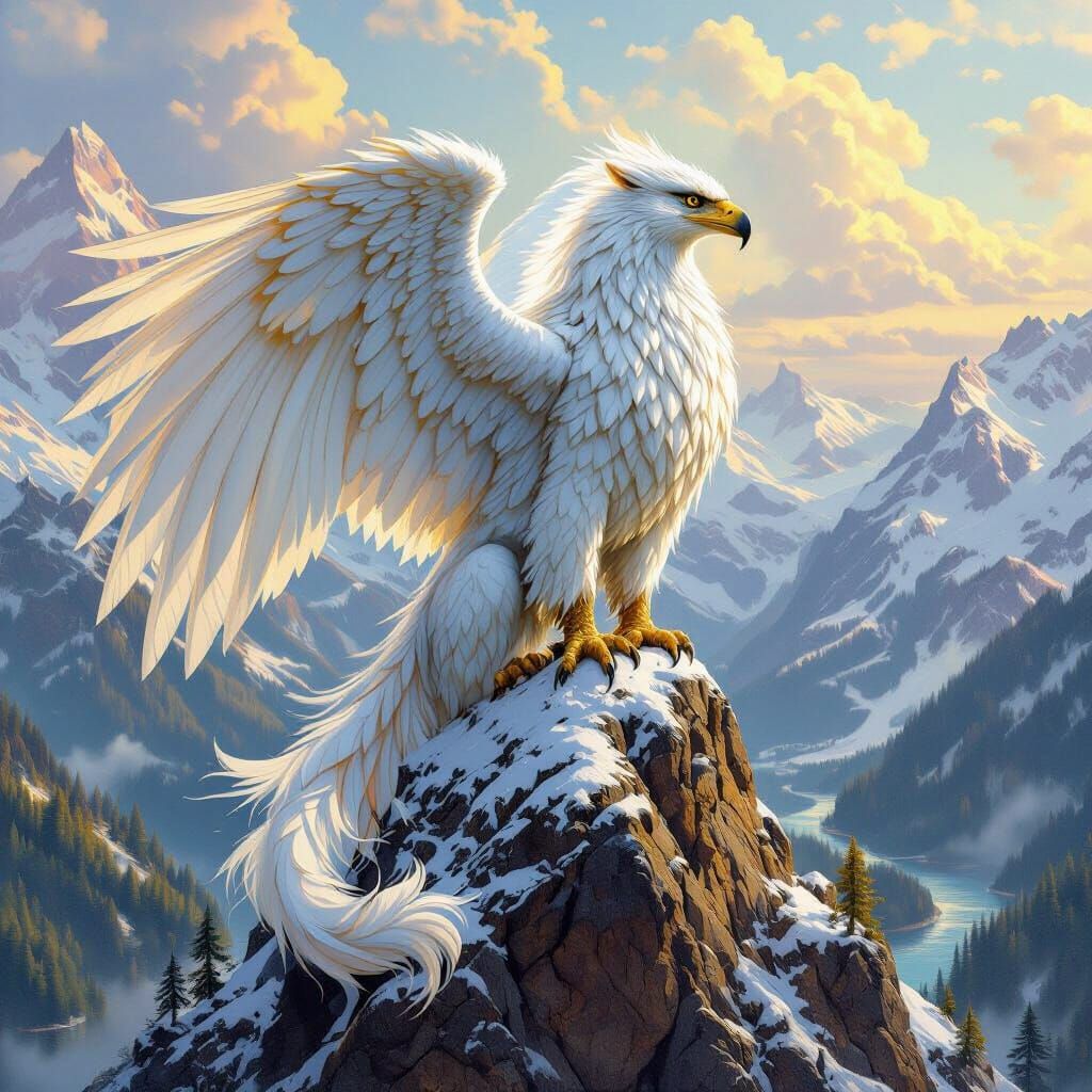 Griffin Perched Atop Mountain Peak in Fantasy Art Style