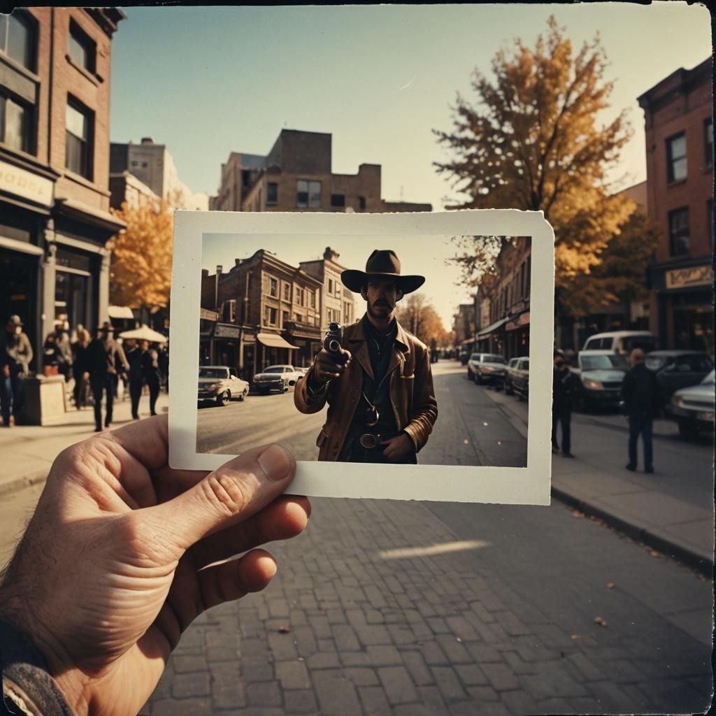 Cowboy Gunslinger Polaroid Photo in Fall Season