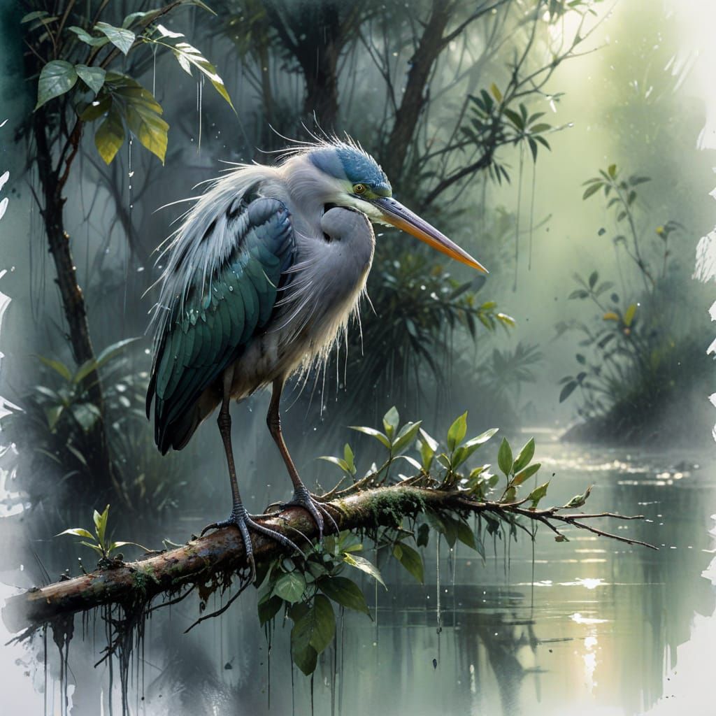 Rainforest Heron at Dusk in Matte Painting Style