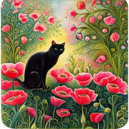 Black Cat in Pink Poppy Garden, Magical Realism