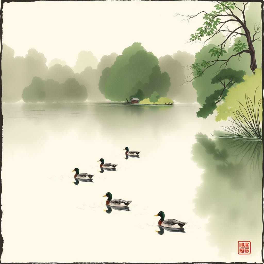Serene Lake with Ducks in Sumi-e Ink Style