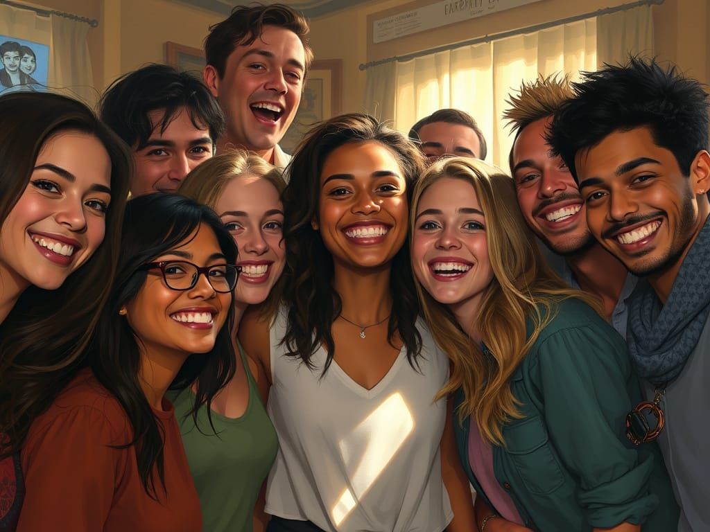 Diverse Friends Gathered in Warm Digital Painting