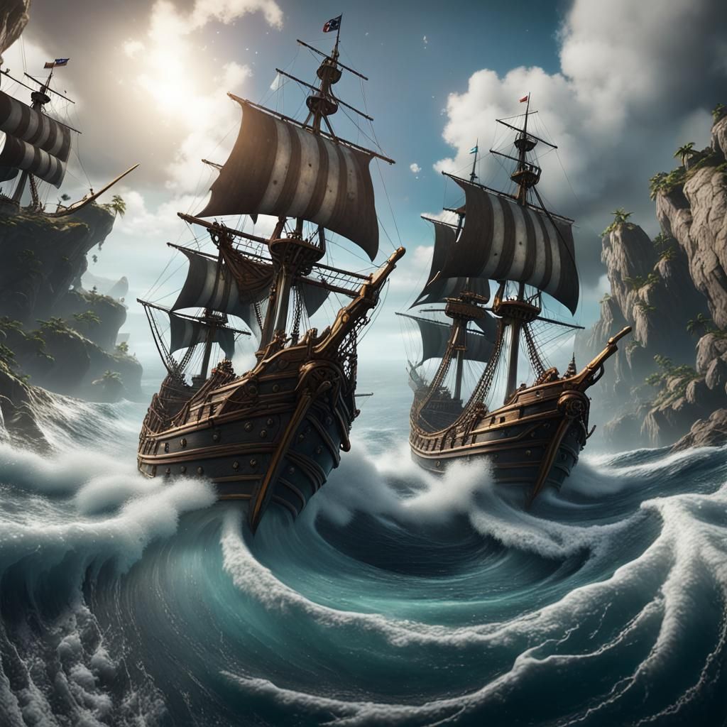 Pirate Ships Fight in Whirlpool, 3D Cinematic Graphics