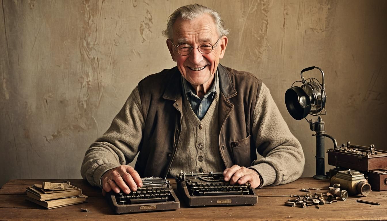 Nostalgic Still Life: Old Man with Vintage Typewriter
