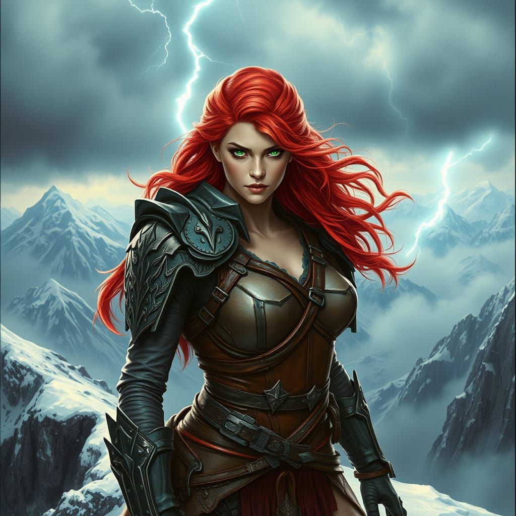 Valkyrie Warrior on Snowy Peak in Retro-Futuristic Style