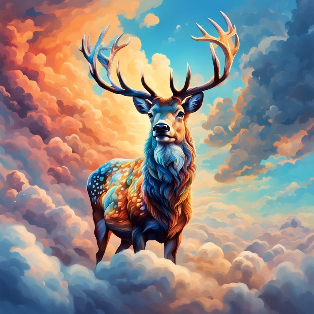 Hyperrealistic Deer Floating in Cloudy Sky