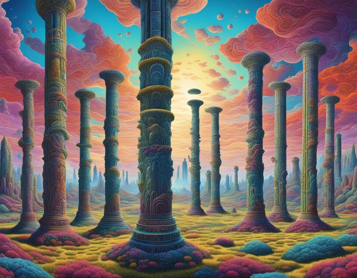 Psychedelic Pillars in Surreal Field: Visionary Art