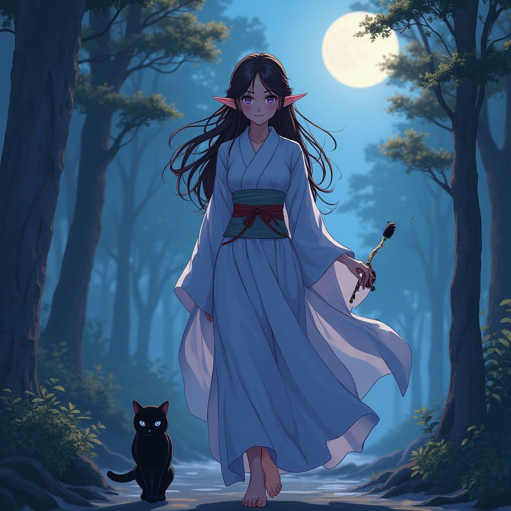 Elf in Japanese Forest at Night: Manga Style