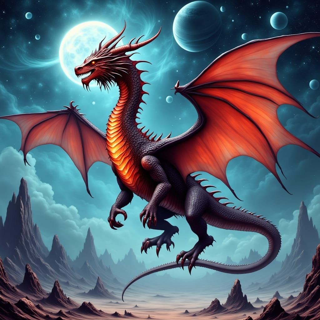 Red Dragon Soars Through Alien Nebula Sky