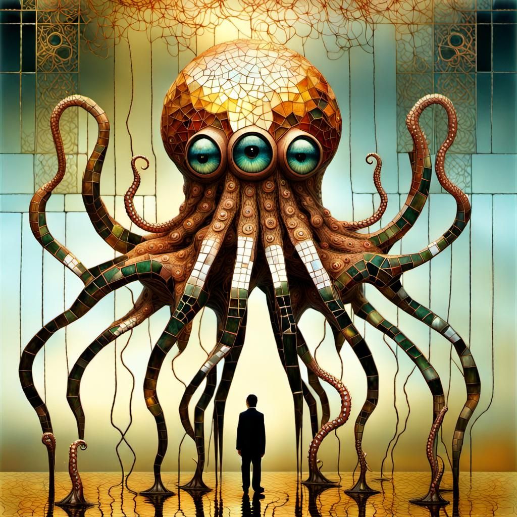 Futuristic Mosaic Robot Octopus with Forest Reflections