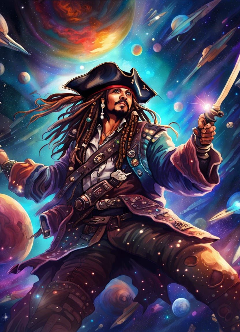 Astral Space Pirate Attack: Cosmic Holographic Illustration