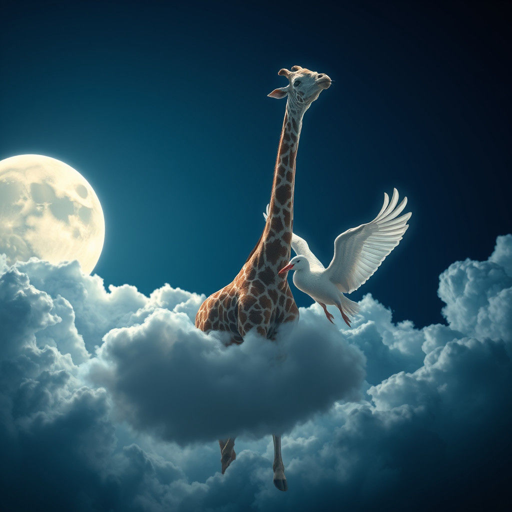 Cloud Giraffe and Elephant Soar Under Moonlight