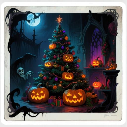 Spooky Christmas Tree with Halloween Pumpkins Dark Fantasy A...