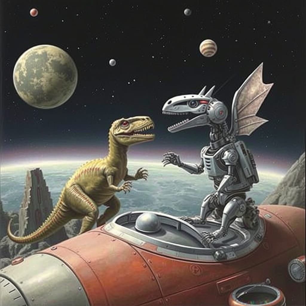 Dinosaur Meets Robot Future Friend in Detailed Surreal Space...