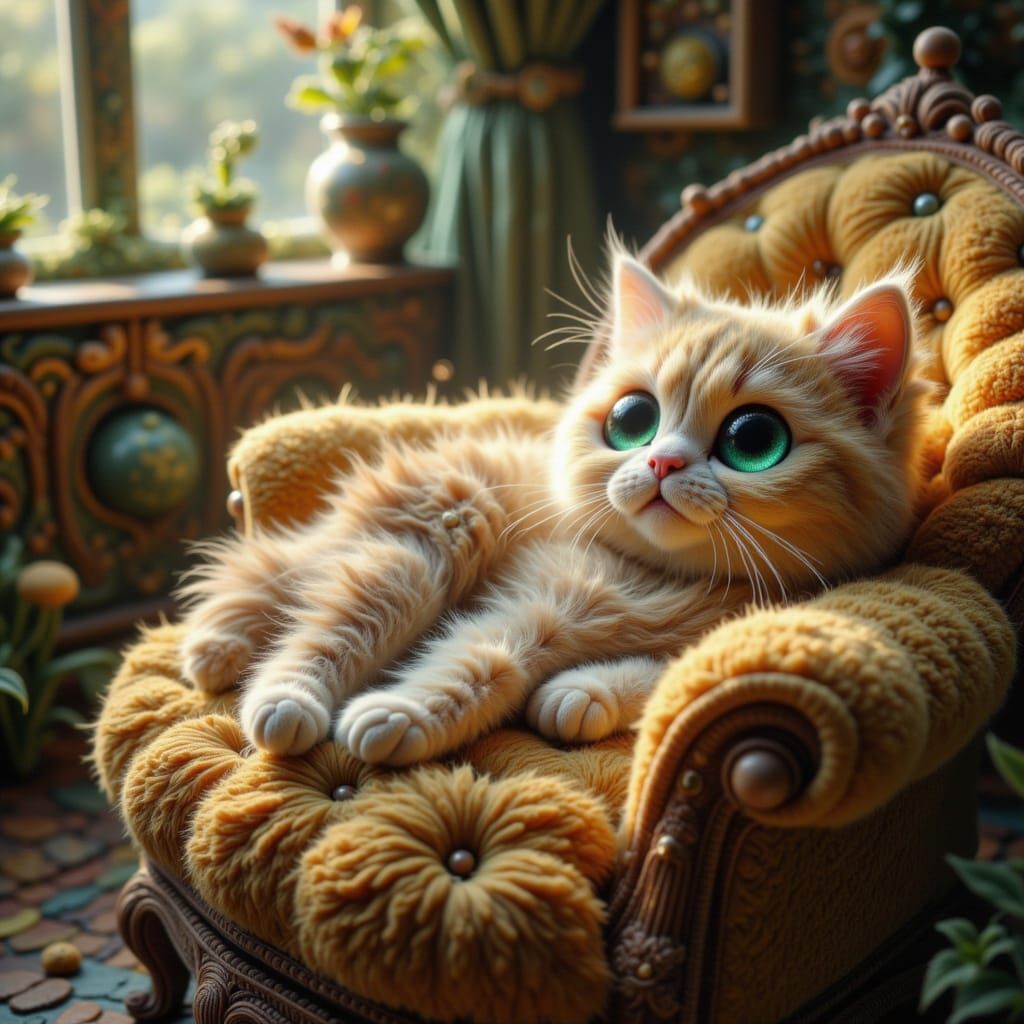 Fluffy Persian Cat in Sunlit Velvet Armchair