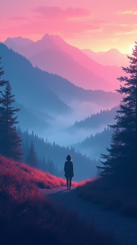 Ghibli-Inspired Lesbian Flag Landscape with Lone Figure