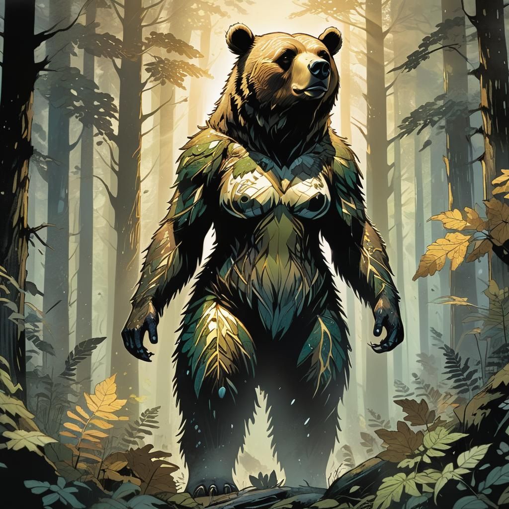 Bear Woman Hybrid in Misty Forest, Comic Book Art