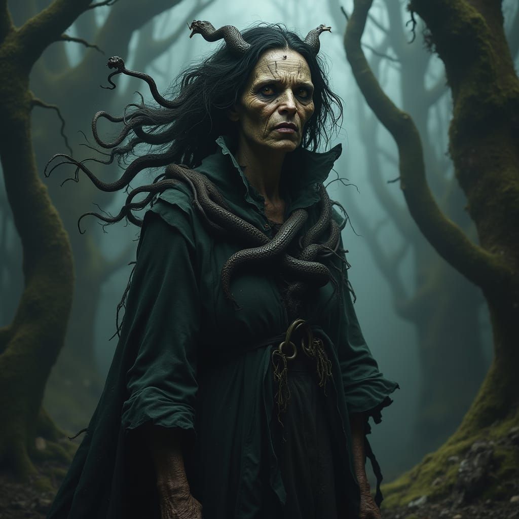 Gothic Woman with Snakes for Hair in Dark, Haunting Forest