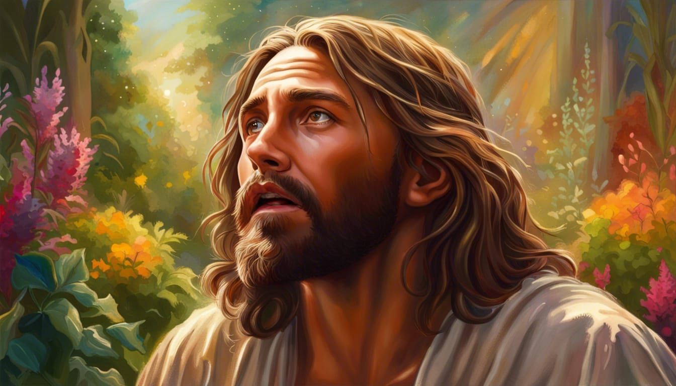 Hyperrealistic Jesus in a Colorful Garden
