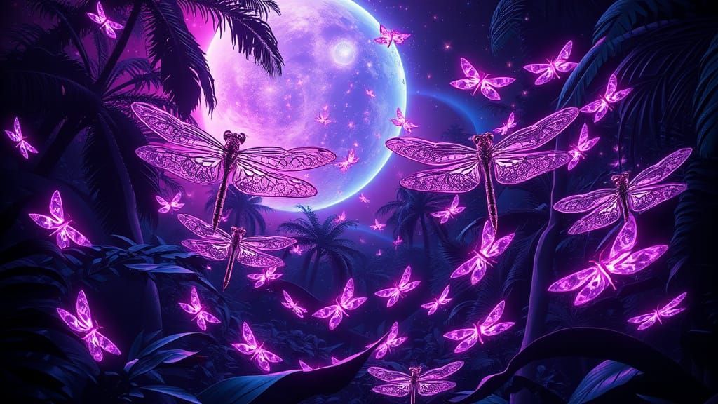 Fractal Gardenscape with Glowing Dragonflies in Surreal Styl...
