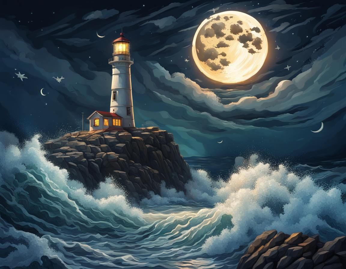 Hyperrealistic Lighthouse at Night with Crashing Waves