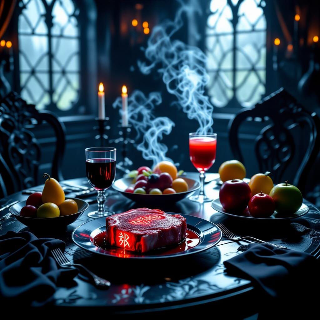 Mračni stol u misterioj prostoriji, magična hrana koja izgle...