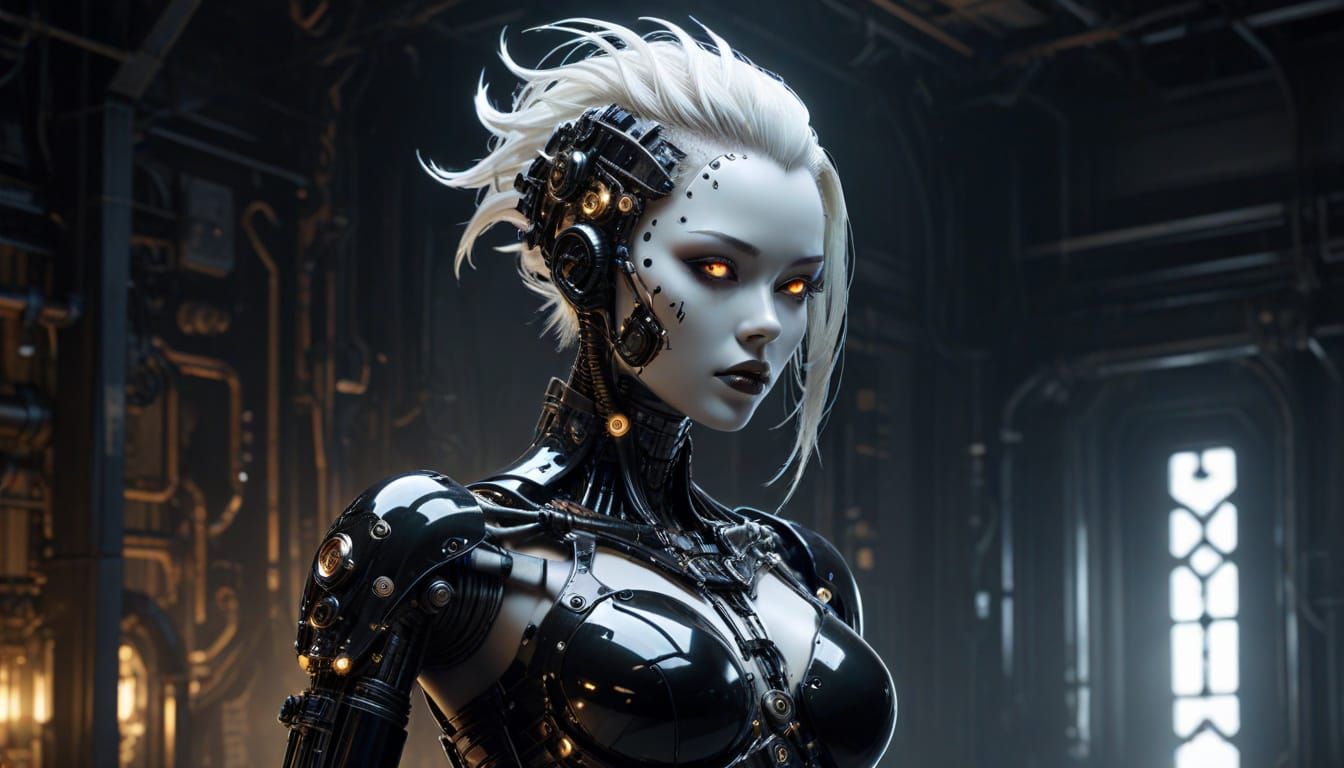 Japanese Gynoid Cyborg in Gothic Biomechanical Style