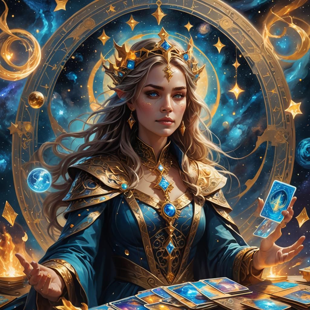 Magical Sorceress with Tarot Cards in Oil Painting