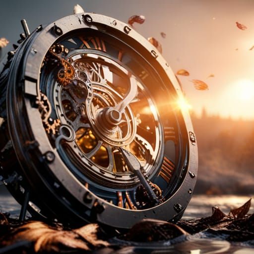 Clock Plunging into Autumn River: Sci-Fi Rendering