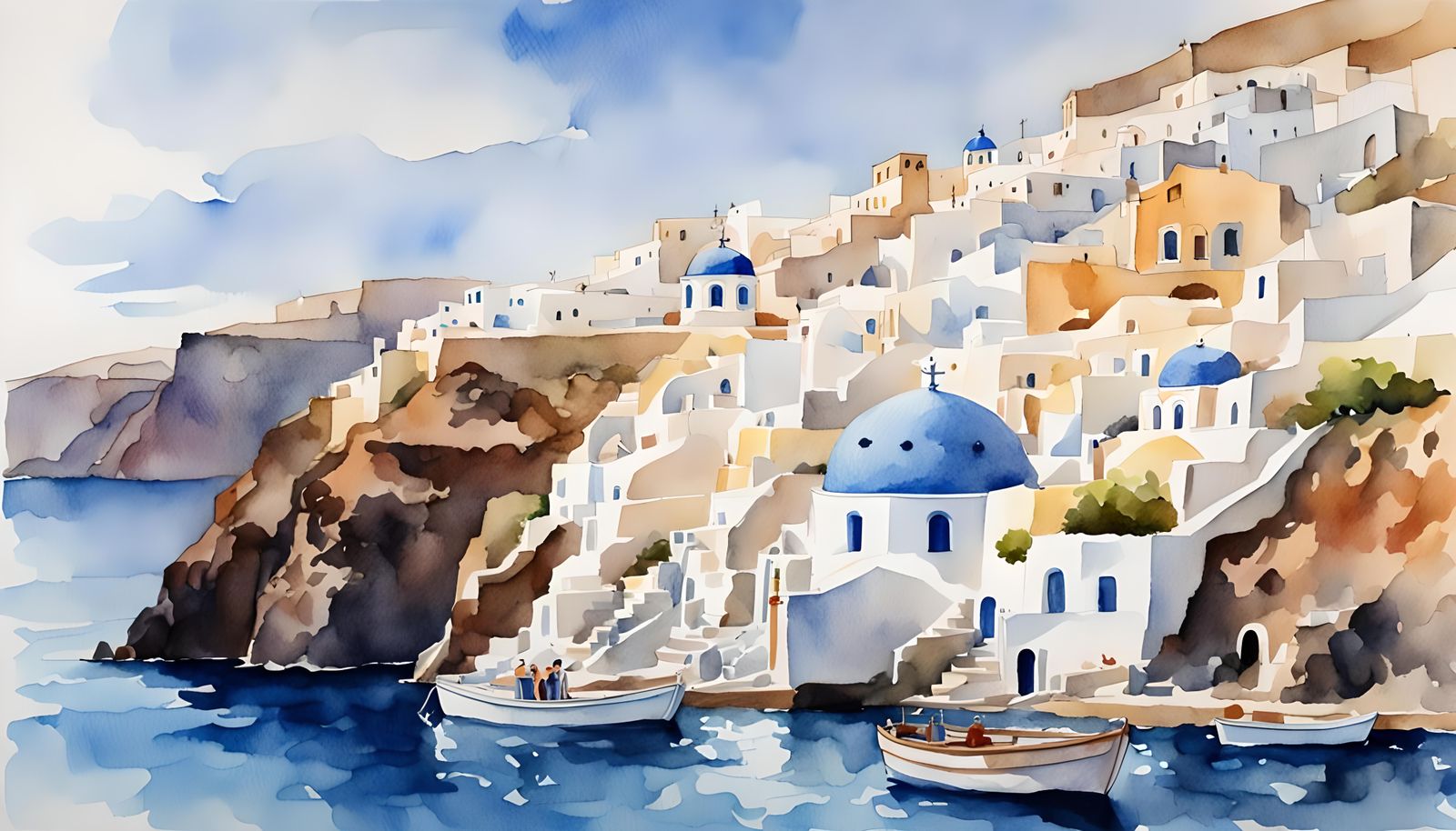 Watercolor Portrait of Oia Santorini on Summer Day