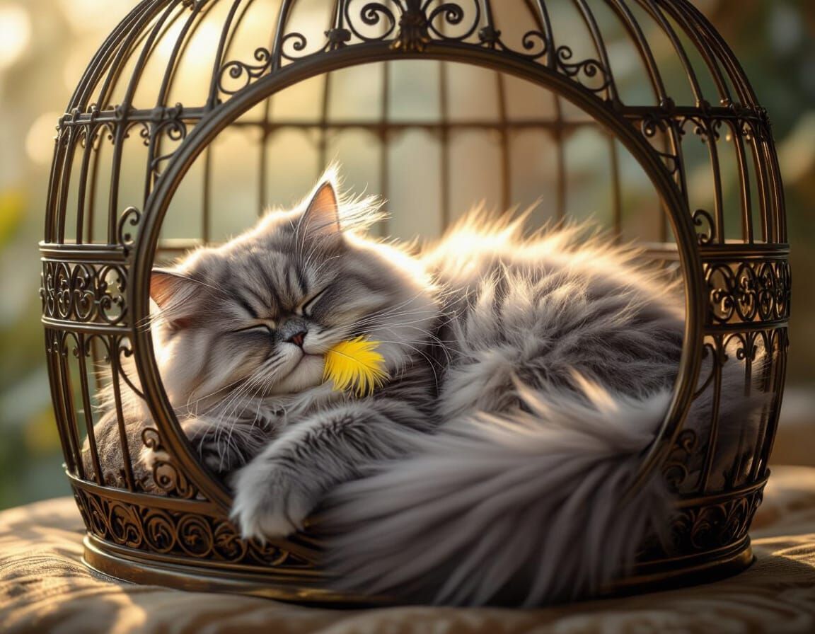 Fluffy Cat Sleeping in Art Nouveau Birdcage