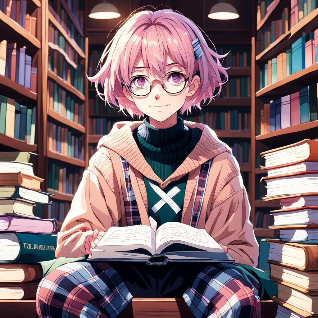 Anime Girl in Library with Pink Hair