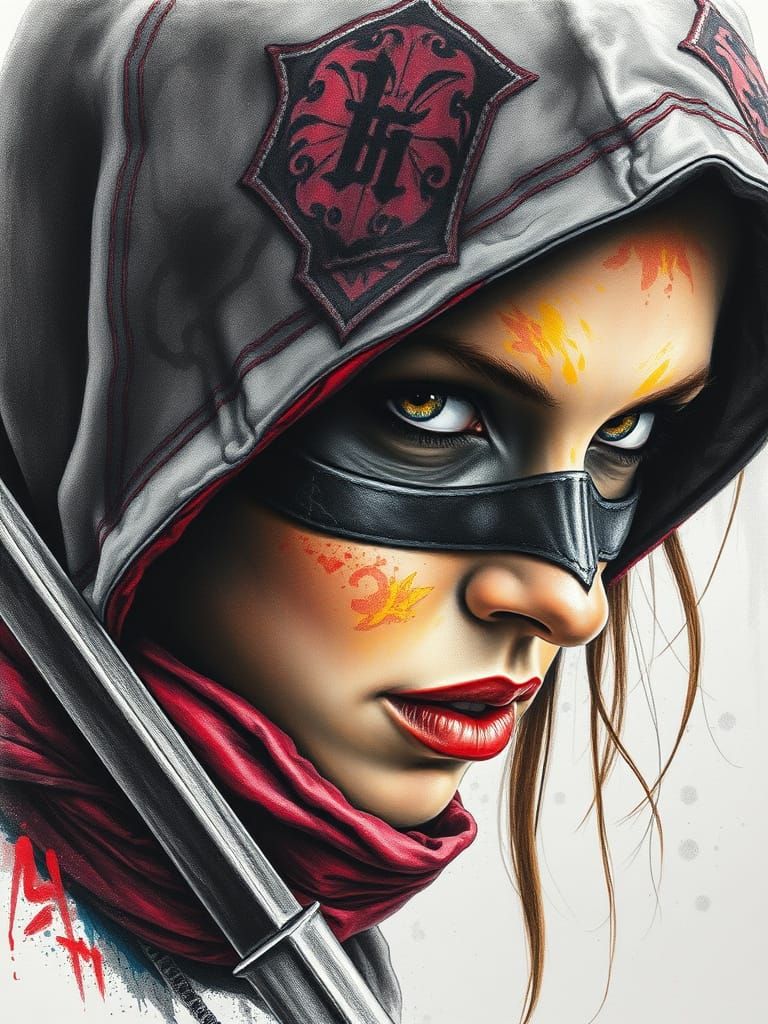 Ultra Realistic Female Assassin in Charcoal Drawing Style